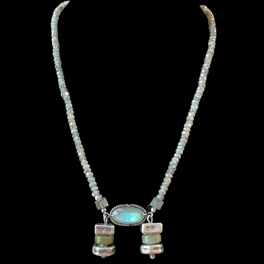 Sterling Silver Labradorite Brutalist Blue Glowing Vintage Bead Necklace